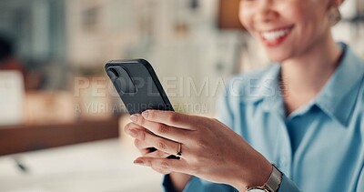 Buy stock photo Hands, phone and business woman in office for compliance email, text message or feedback. Happy consultant, mobile and reading information in workplace for networking, policy review and notification