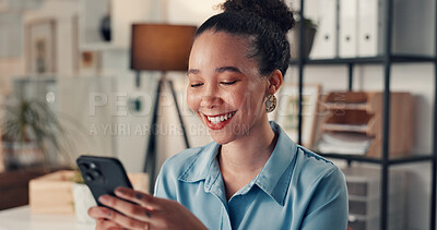 Buy stock photo Smile, phone and business woman in office for compliance email, text message or feedback. Happy consultant, mobile and reading information in workplace for networking, policy review and notification