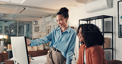 Buy stock photo Happy, women and teamwork with computer, office and advice for market research on website at night. Talking, brand manager and working late with mentor for campaign, pointing and people with ideas