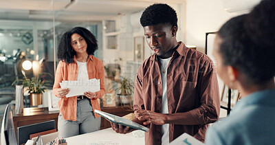 Buy stock photo Night, brainstorming and team in office with tablet, strategy and collaboration for app development. Planning, people and overtime in business with tech, online research and discussion for startup