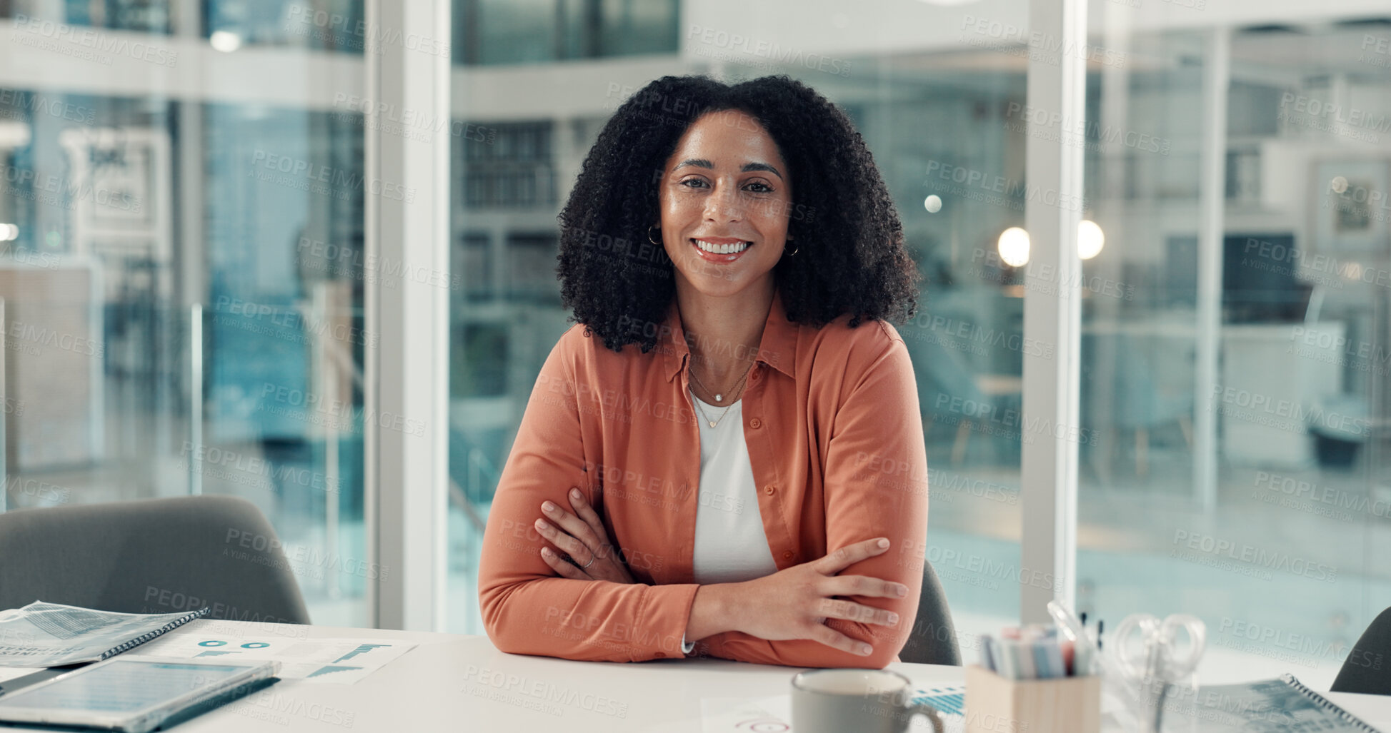 Buy stock photo Portrait, smile and business woman in office for social media analytics with arms crossed at night. Happy, creative and confident engagement analyst, overtime and African professional with bokeh