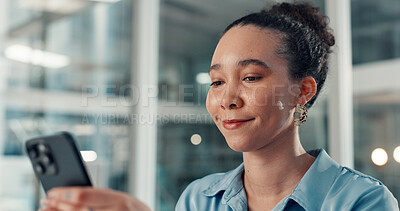 Buy stock photo Smile, mobile and business woman in workplace for investment email, text message and app. Consultant, phone and reading information in office for networking, financial review and communication online