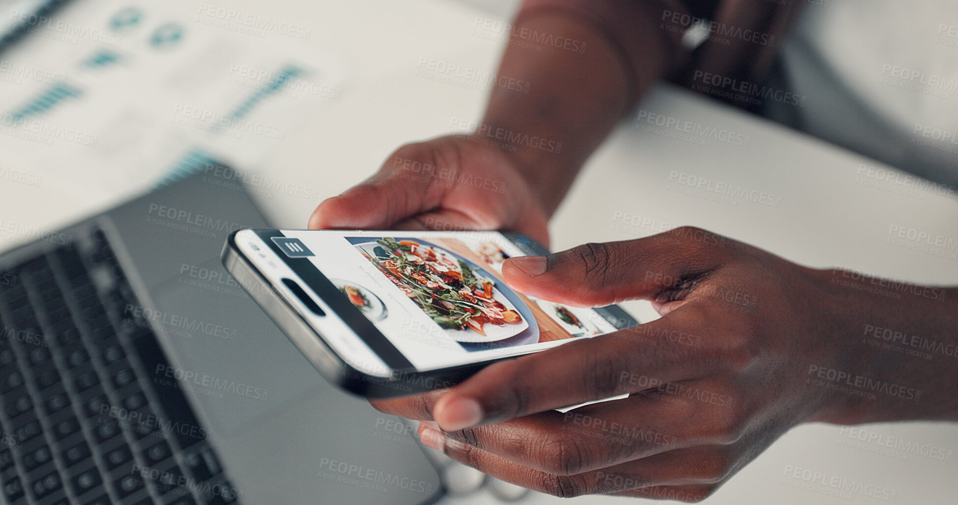 Buy stock photo Hands, phone screen and click for food delivery at office with order, choice and online shopping. Person, smartphone and digital menu with ux, scroll and decision for meal, ecommerce or deal on web