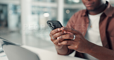 Buy stock photo Phone, hands and black man in office with networking, communication or contact on mobile app. Typing, technology and African male creative director with chatting, online and cellphone in workplace.