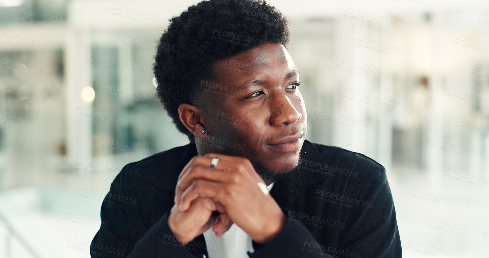 Buy stock photo Serious, business and thinking with black man in office for vision, finance planning and budget choice. Thoughts, accountant and reflection of problem solving, financial decision and investment ideas