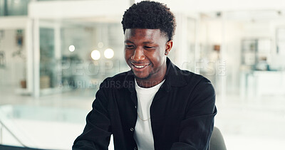 Buy stock photo Thinking, happy and man in office with reflection, solution or content planning in marketing agency. Smile, contemplation and black person in startup with ideas, brand strategy and creative vision