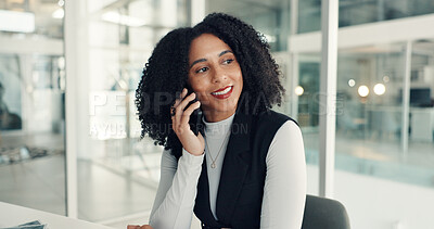 Buy stock photo Phone call, talking and business woman in office for client deal, negotiation and discussion. Professional, startup agency and African person on smartphone for communication, contact and networking