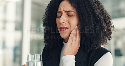 Buy stock photo Water, business and woman in office with toothache, oral discomfort or inflammation in mouth. Cavity, gum disease and female person in workplace with tmj pain, teeth sensitivity and dental injury.