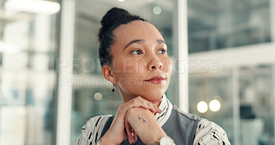 Buy stock photo Thinking, business and woman with ideas in office for vision, finance planning and budget choice. Thoughts, accountant and problem solving with reflection, financial decision and investment solution