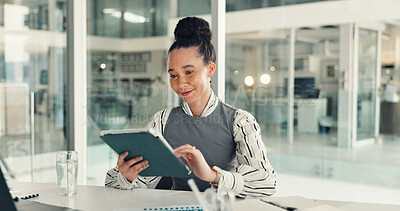 Buy stock photo Creative, woman and reading on tablet in office for email, article newsletter and editor feedback. Journalist, pc and review research for proofreading, fact check and story information of publication