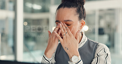 Buy stock photo Headache, African woman or stress in office with deadline, frustrated or tired from work. Pressure, business person or burnout in company with eye strain, doubt or anxiety for economic uncertainty