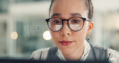 Buy stock photo Creative, woman and reading on laptop in office for email, article newsletter and editor feedback. Journalist, pc and glasses reflection for proofreading, fact check and information for publication