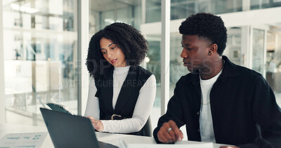 Buy stock photo Laptop, team and business people in office for creative project with planning in partnership. Computer, research and magazine editors with online article for publishing in collaboration at workplace.