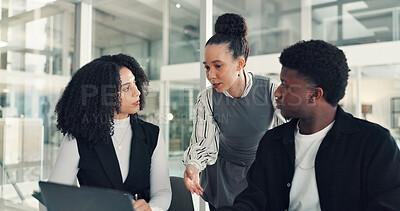 Buy stock photo Business, laptop and people in workplace, conversation and financial agency with feedback for audit. Employees, man and women with tech, cooperation and advice for trading and pc for profit growth