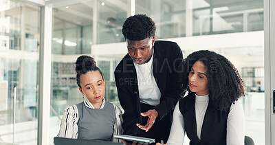 Buy stock photo Business, tablet and people in office, teamwork and financial agency with feedback for audit. Employees, man and women in workplace, tech and advice for trading, help and app for profit calculation
