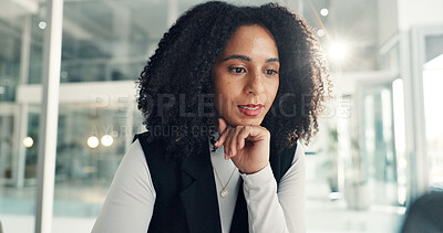 Buy stock photo Thinking, black woman and email in office with flare, reading and professional in workplace. Smile, business person and research in company with technology, idea and plan for executive project.