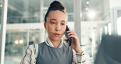 Buy stock photo Office, phone call and business woman on laptop for proofreading report, article and website review. Flare, publisher and person with tech for editing, communication and story for digital magazine