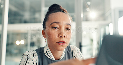 Buy stock photo Creative, woman and reading with laptop in office for column, article newsletter and editor feedback. Journalist, pc and review for proofreading headline, fact check and information for publication