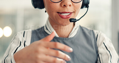Buy stock photo Headset, woman and call center consultant in office with crm, communication or contact us. Talking, mic and mouth of female technical support agent with online consultation for customer service.