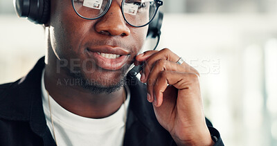 Buy stock photo Headset, black man and call center consultant in office with crm, communication or contact us. Talking, mic and African male technical support agent with online consultation for customer service.