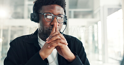 Buy stock photo Call center, thinking and black man in office with headset, contact us or help in crm service. Professional, virtual and consultant in agency with tech, online advice or feedback in client support.