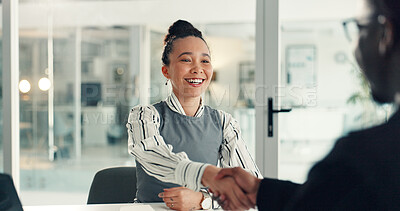 Buy stock photo Woman, shaking hands and interview with man at office, success or thanks for agreement at company. Person, HR manager and employee with handshake for onboarding, hiring and recruitment at agency