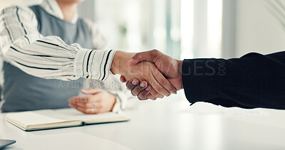 Buy stock photo Shaking hands, hiring and agreement with interview at office, success or thanks for deal at company. Person, HR manager and employee with handshake for onboarding, contract and recruitment at agency