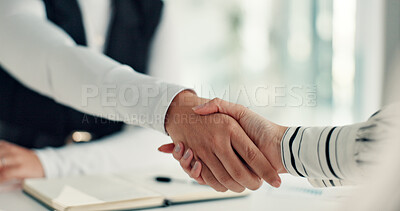 Buy stock photo Shaking hands, deal and welcome with hiring at office, interview and thanks with success at company. Person, HR manager and employee with handshake for onboarding, contract and recruitment at agency