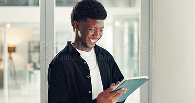 Buy stock photo Tablet, happy and black man in office for research on creative project at startup company. Smile, digital technology and African male magazine editor with online article for publishing in workplace.
