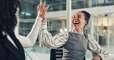 Buy stock photo Excited, women and high five in office, night and celebration for investment opportunity or success. People, laugh or happy for achievement, accountant and working late with smile for business growth