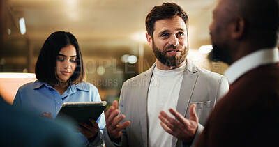 Buy stock photo Business, man and meeting with staff in office for discussion planning and finance briefing. Smile, people and listening to financial pitch, accounting team and audit feedback for investment proposal