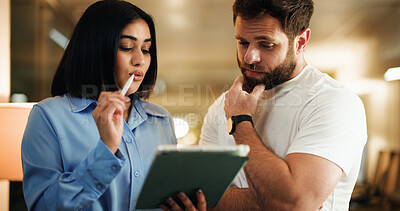 Buy stock photo Night, thinking and team of business people in office with tablet, feedback and article ideas or pitch. Creative, media agency and man with woman for brainstorming, news story and planning report