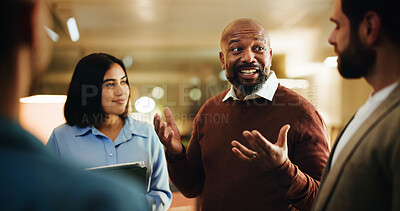 Buy stock photo Night, meeting and team of business people in office with tablet, feedback and article ideas or pitch. Creative, media agency and men with woman for brainstorming, news story and planning report