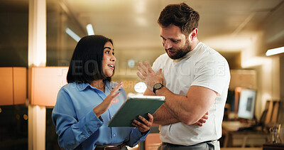 Buy stock photo Business, night and people with tablet, conversation and teamwork with financial agency. Overtime, man and woman in office, tech and discussion with feedback for trading report, planning and investor