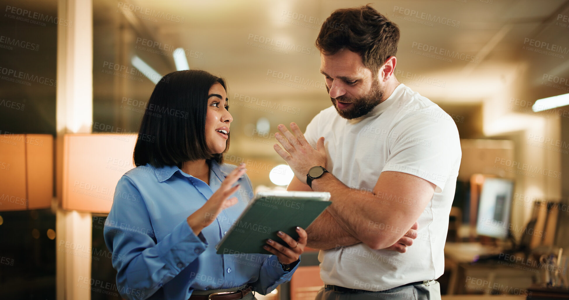 Buy stock photo Business, night and people with tablet, conversation and teamwork with financial agency. Overtime, man and woman in office, tech and discussion with feedback for trading report, planning and investor