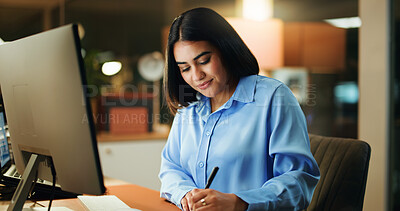 Buy stock photo Night, woman and writing in office with laptop, corporate and audit for business regulations. Happy, accountant and glasses in company with computer, smile and productivity for financial report.