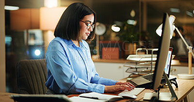 Buy stock photo Office, typing and business woman with computer for stock market analysis, chart and night. Tech, deadline and serious broker with financial review for trading, investment forecast or reading metrics