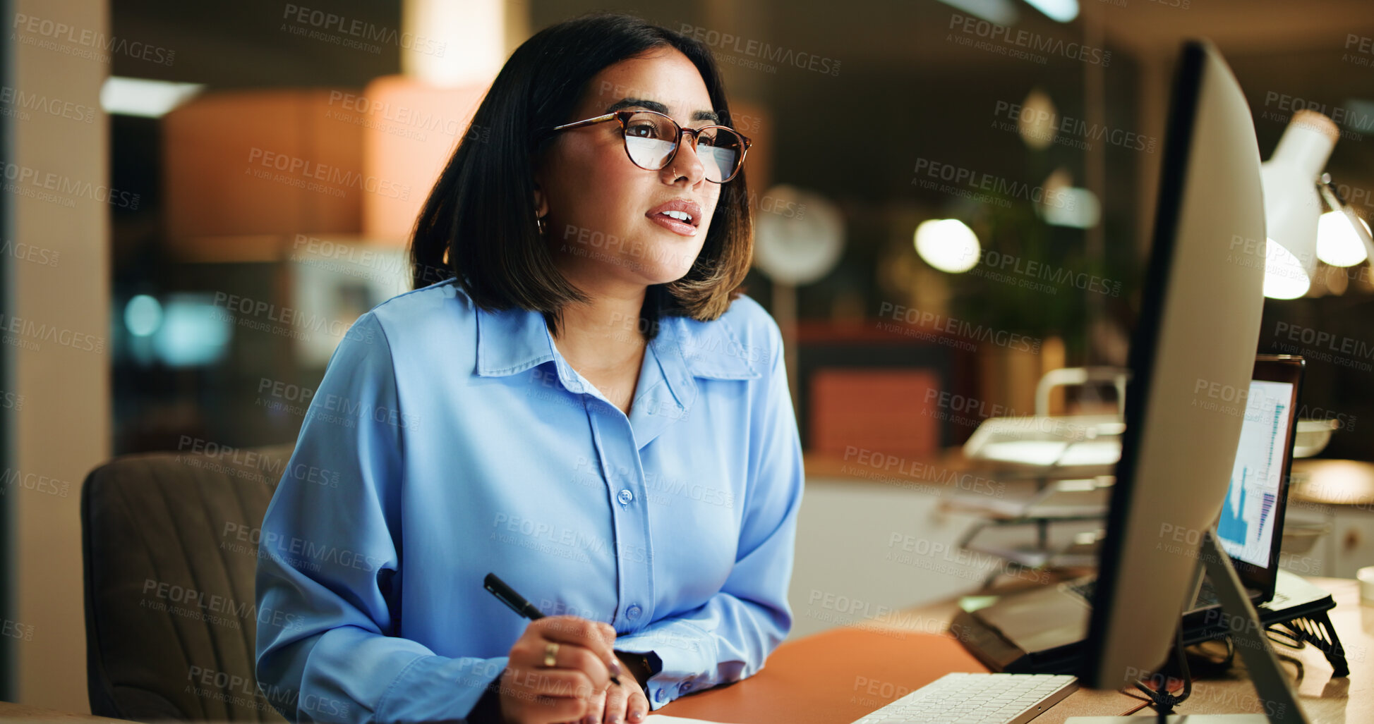 Buy stock photo Night, woman and working in office with laptop, corporate and online for financial report. Reading, accountant and glasses in company with computer, email and productivity for business regulations. 