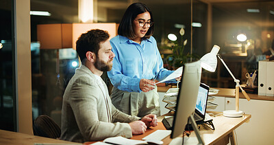 Buy stock photo Business, night and people with documents, laptop and teamwork with conversation, graphs and audit. Evening, man and woman in office, computer and charts for stock market investment and planning