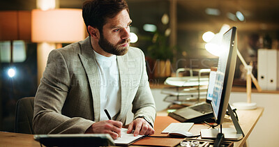 Buy stock photo Night, writing and man in office with desktop, idea or word planning for screenplay. Concentration, research and screenwriter in workplace with tech, note taking or brainstorming in overtime work.