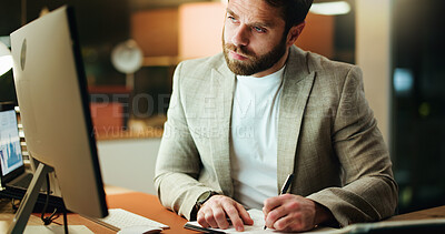 Buy stock photo Businessman, night and writing report with statistics for data analysis or stock market research. Man, broker or working late with book or pen for analytics, finance or monitoring assets in office