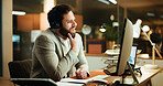 Night, virtual meeting and business man in office for video call, discussion and webinar. Computer, corporate conference and person with headphones for online seminar, b2b networking or communication