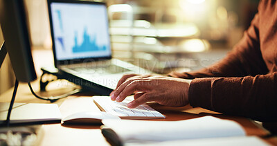 Buy stock photo Typing, night and hand in office with laptop, research and internet in workplace. Professional, business person and schedule in corporate company with planning, technology and computer at desk.