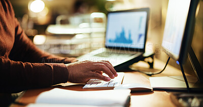 Buy stock photo Typing, night and hand in office with closeup, research and laptop at desk. Professional, business person and schedule in corporate company with planning, technology or computer keyboard in workplace