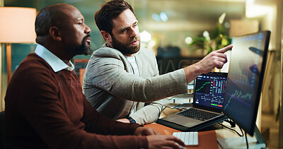 Buy stock photo Pointing, stock market and computer screen with business people in office for trading, night and graph. Broker, partnership and investment chart with employees for account growth and overtime