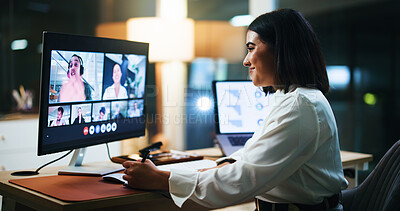 Buy stock photo Video call, computer screen and writing with business woman in office for night, webinar agenda and contact. Online meeting, virtual conference and streaming seminar with person for overtime and chat
