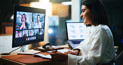 Buy stock photo Video call, computer screen and smile with business woman in office for night, webinar agenda and contact. Online meeting, virtual conference and streaming seminar with person for overtime and chat