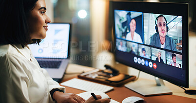 Buy stock photo Video call, computer screen and webinar with business woman in office for night, writing and contact. Online meeting, virtual conference and streaming seminar with person for overtime and chat