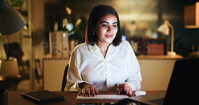 Buy stock photo Business woman, computer and night in office for reading, financial portfolio update or trader info online. Trading, finance broker or laptop for investment report, stock market research and deadline