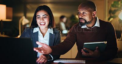 Buy stock photo Night, laptop and business people in office, help and review meeting with financial agency. Overtime, support and employees with pc, mentor or cooperation with advice, coaching and app for trading